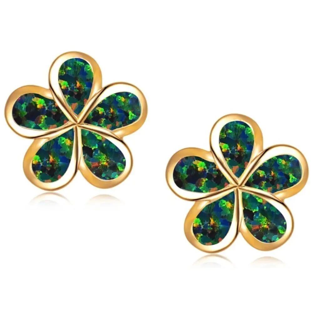 18K Yellow Gold with Genuine Black and Green Fire Opal Flower Post Stud Earrings